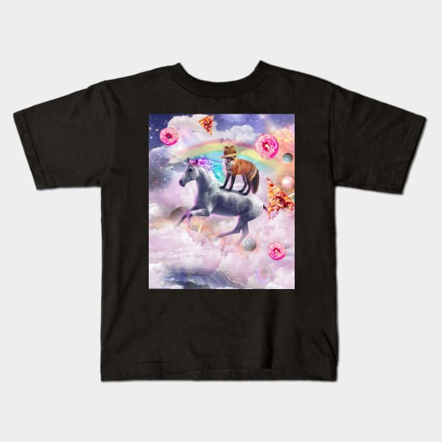 Fox Riding Unicorn Kids T-Shirt by Random Galaxy